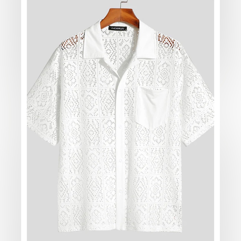 Unisex NWT Incerun white lace w. pocket short sleeve shirt Men-large, women XL